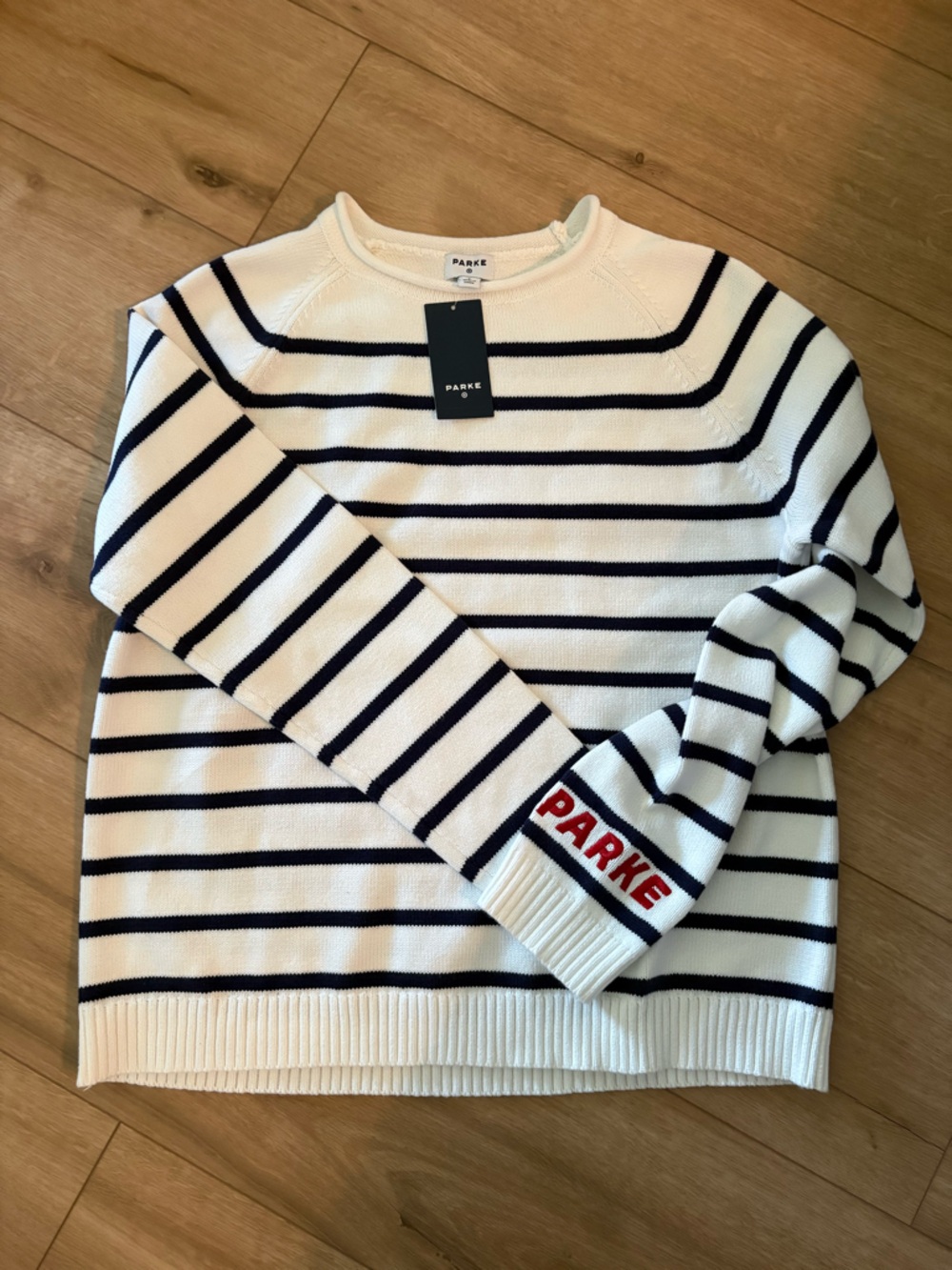 PARKE Navy Stripe Crewneck Sweater in White